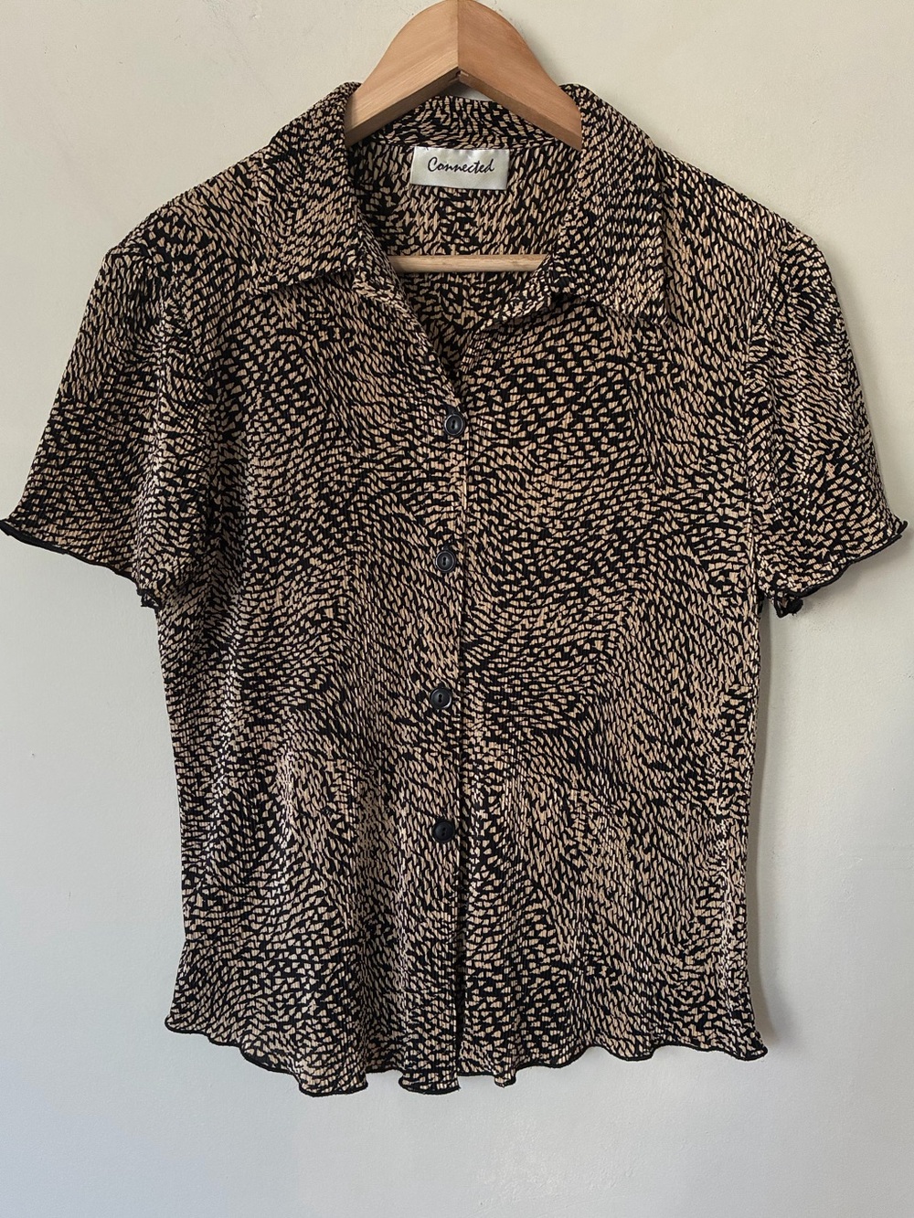Connected Y2K Grunge Plisse Button Down Top Tan Black Abstract Lettuce Edge S